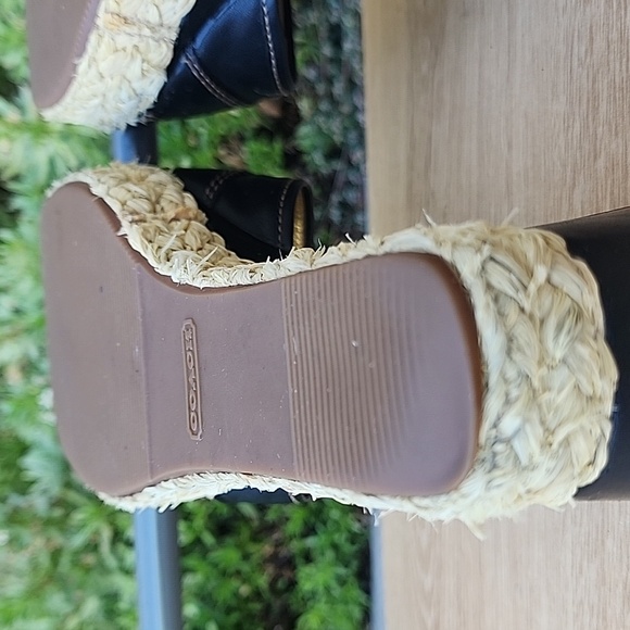 Coach Women's Sz 10 B Greer Black Leather Jute Wedge Gold Buckle Sandals - Picture 9 of 13